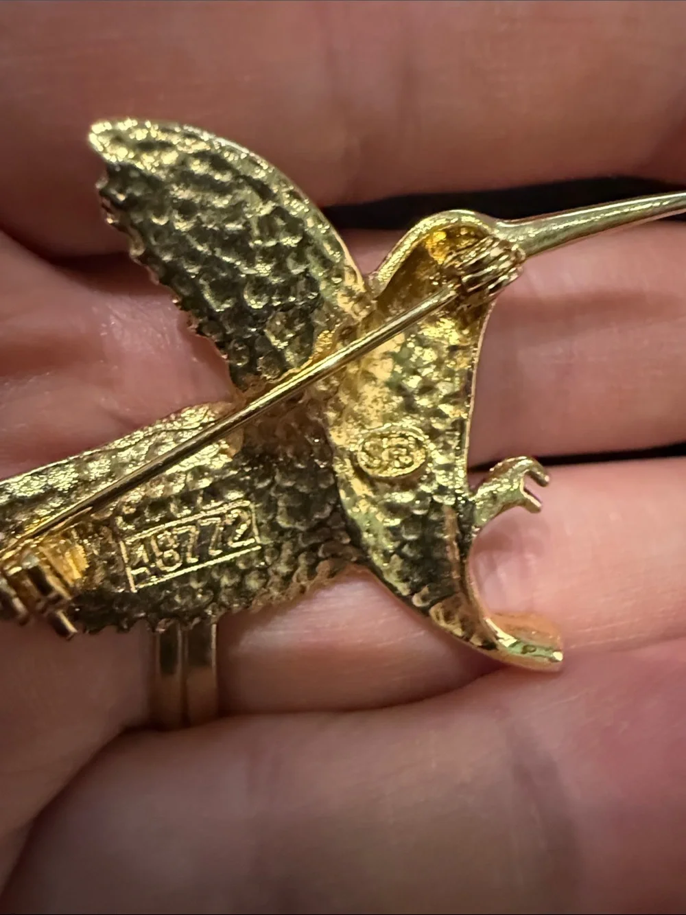 SFJ Gold Tone Hummingbird Brooch with Blue Green Enamel and Rhinestones. - Picture 2 of 4